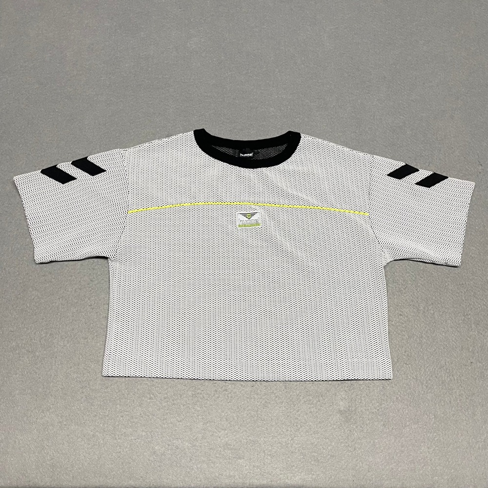 Hummel Cropped Top Large Womens White Black Hive Mesh Jersey Shirt Gym Loose Fit